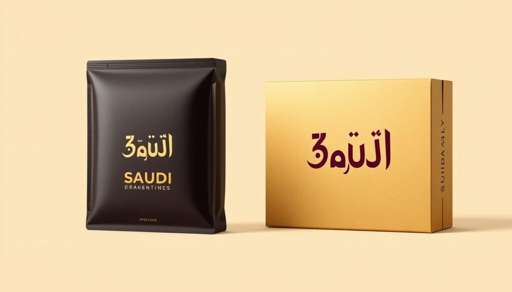 A strong Saudi brand identity displayed on a sleek, modern packaging design. The design features a bold, distinctive logotype or icon that is instantly recognizable as a Saudi brand. The packaging has a premium, luxurious feel with a mix of matte and glossy textures, minimal but impactful use of colors like gold, maroon, or sand tones that evoke the Saudi heritage. The composition emphasizes balance, symmetry, and clean lines, creating an elegant, sophisticated impression. Subtle patterns or geometric shapes inspired by traditional Saudi art or architecture are incorporated into the design. The overall aesthetic conveys a sense of quality, authenticity, and national pride that would appeal to both local and international consumers.