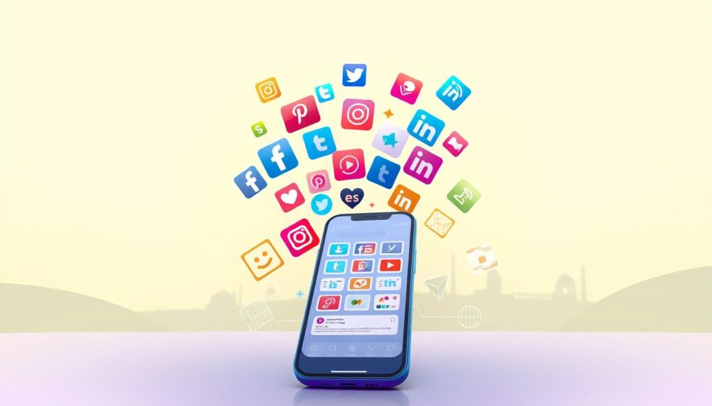 A stunning digital illustration depicting the concept of social media marketing. The composition features a central image of a group of vibrant, diverse social media icons (such as Facebook, Instagram, Twitter, and LinkedIn logos) floating against a serene, pastel-toned background. The foreground showcases a sleek, modern smartphone displaying a live feed of various social media platforms, conveying the idea of seamless connectivity and engagement. The middle ground includes a stylized visualization of key social media marketing strategies, such as targeted advertising, influencer collaborations, and content curation, represented through geometric shapes and dynamic graphic elements. The background subtly hints at the Saudi Arabian market, with subtle cultural motifs or architectural references integrated into the design. The overall mood is one of innovation, digital savvy, and a forward-thinking approach to e-commerce success.