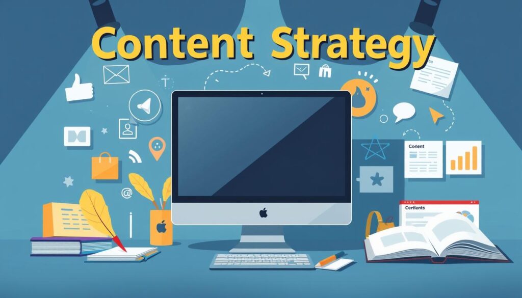 A stylized illustration showcasing the key elements of content strategy and blogging for a Shopify store. A sleek desktop computer takes center stage, surrounded by metaphorical icons and imagery - a quill pen, an open notebook, social media platforms, SEO optimization tools, and analytics dashboards. The color palette blends shades of blue, gray, and gold, conveying a sense of professionalism and digital prowess. Dramatic lighting casts shadows and highlights the various content creation and marketing components, emphasizing their importance in driving online success for the Shopify business.