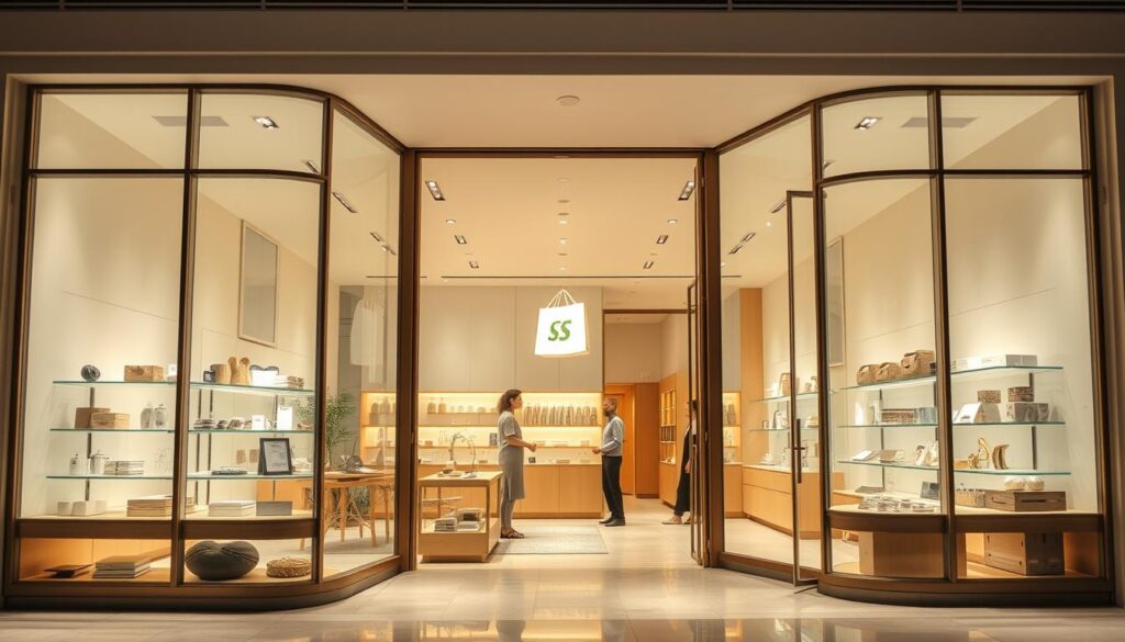 A successful Shopify store in an elegant Middle Eastern setting. A modern and minimalist storefront with large display windows showcasing a curated selection of high-quality products. The interior is bright and airy, with a warm, earthy color palette, natural materials, and carefully arranged displays. Ambient lighting casts a soft, inviting glow. The store's layout is intuitive, with a seamless customer flow. Knowledgeable staff assist shoppers in a friendly and attentive manner. An overall atmosphere of professionalism, attention to detail, and a commitment to providing an exceptional shopping experience.