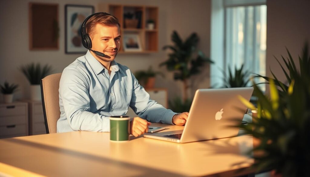A technician in a blue collared shirt and khakis, seated at a desk with a laptop, headset, and coffee mug, intently assisting a customer on the phone. The desk is in a cozy, warm-lit office space with minimalist decor and potted plants. Soft shadows and highlights create a calming, professional atmosphere. The technician's expression conveys patience and a dedication to resolving the customer's issue. The background is slightly blurred, keeping the focus on the technician and their task at hand.