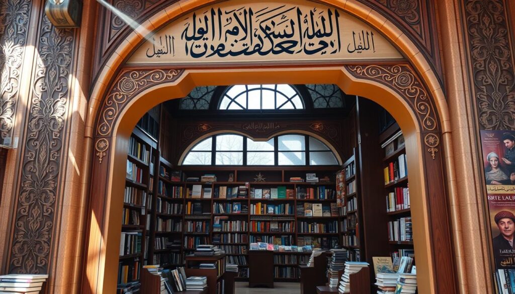 A vibrant Arabic language bookstore with intricate Arabic calligraphy adorning the facade. The entrance is framed by ornate arches, inviting customers to explore the store's collection of classic and contemporary Arabic literature. Sunlight filters through large windows, creating a warm, welcoming ambiance. Inside, wooden shelves hold an array of books, their colorful spines and Arabic script hinting at the cultural richness within. The store's layout is thoughtfully designed, guiding visitors through sections dedicated to poetry, novels, children's books, and language learning resources. The overall atmosphere evokes a sense of cultural immersion, where the essence of the Arabic language is celebrated and shared with all who enter.