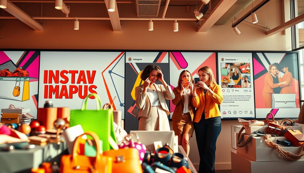 A vibrant Instagram-inspired scene showcasing the power of social media marketing for a Shopify store. In the foreground, a visually striking product display with an array of chic, modern items. In the middle ground, a team of passionate social media influencers collaborating, capturing content for Instagram Stories and posts. The background features a stylized interpretation of the Instagram platform, with bold typography, colorful geometric patterns, and a sleek, minimalist aesthetic. Warm, natural lighting illuminates the scene, creating a polished, aspirational atmosphere that captures the essence of effective Instagram marketing for a Shopify business.