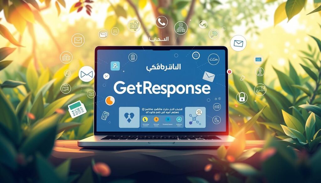 A vibrant and captivating illustration of the Arabic e-commerce platform GetResponse, showcasing its key features. Depicted in a lush, verdant setting, the central focus is a sleek and modern laptop displaying the GetResponse interface, its elegant design and intuitive user experience highlighted. Surrounding the laptop, a constellation of iconography and infographic elements artfully convey the platform's robust marketing capabilities, seamless email automation, and comprehensive analytical tools. The overall composition radiates a sense of professionalism, efficiency, and the promise of digital success for Arabic business owners. Warm, natural lighting casts a welcoming glow, while a harmonious color palette of greens, blues, and neutrals evokes a sense of trust and reliability. The scene strikes a balance between the digital and the organic, reflecting GetResponse's ability to empower Arabic entrepreneurs in the modern online landscape.