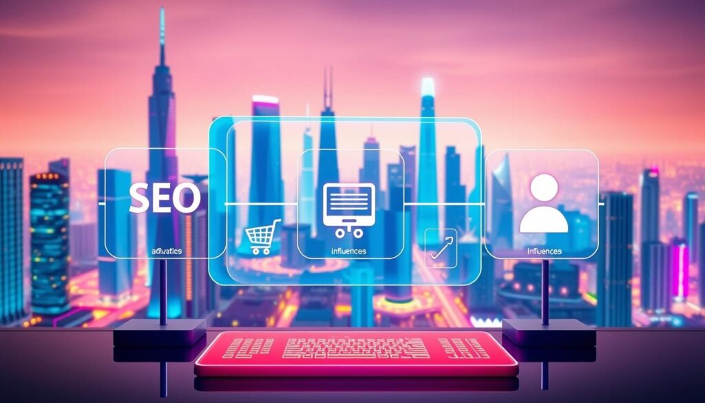A vibrant and dynamic digital marketing strategy for Saudi e-commerce stores, featuring a sleek user interface with icons representing key elements - SEO, advertisements, and influencer collaborations. The scene is set against a futuristic cityscape, with glowing skyscrapers and a futuristic, neon-tinged atmosphere. The composition showcases the interconnectedness of these digital marketing pillars, with smooth transitions and seamless integration. Crisp lighting and a bold color palette convey the cutting-edge, tech-savvy nature of the subject matter.