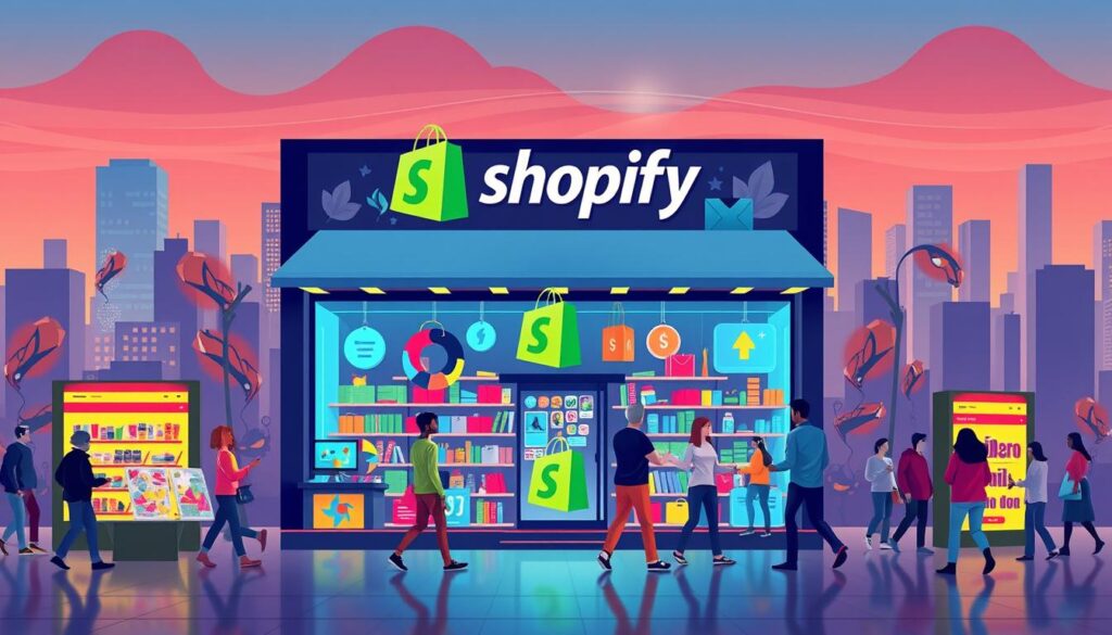 A vibrant and dynamic illustration of a thriving Shopify store, showcasing a bustling online marketplace with a diverse range of products. The scene features a striking storefront with a prominent Shopify logo, surrounded by an array of colorful product displays and impactful visual elements. The foreground captures the energy and excitement of a successful sales strategy, with customers eagerly browsing and making purchases. The middle ground highlights the sophisticated user interface and intuitive design of the Shopify platform, seamlessly integrating the store's branding and functionality. The background sets the stage with a sleek, modern cityscape, conveying the global reach and scalability of the Shopify ecosystem. Warm, balanced lighting and a compelling composition create a visually striking and aspirational image that encapsulates the potential for increased sales and business growth on the Shopify platform.