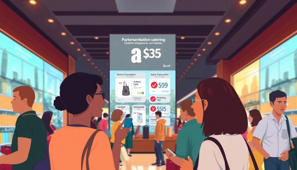 A vibrant and dynamic illustration of personalized product offerings catered to diverse customer segments. In the foreground, a group of customers from varying backgrounds engage with digital displays showcasing tailored deals and discounts. The middle ground features a sleek, modern retail environment with seamless integration of technology, creating a personalized shopping experience. The background hints at a bustling urban landscape, emphasizing the importance of adapting to the needs of a diverse customer base. Warm lighting casts a welcoming glow, while the composition draws the viewer's eye towards the personalized content, highlighting the significance of segmentation in driving customer engagement and loyalty.