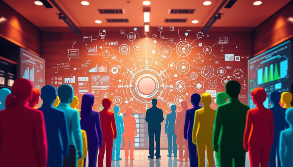 A vibrant and dynamic scene depicting the division and segmentation of customers. In the foreground, a diverse group of individuals, each represented by a distinct color and form, symbolizing the unique needs and preferences of different customer segments. The middle ground features a network of interconnected data visualizations, intricate diagrams, and analytical tools, representing the process of customer segmentation and profiling. In the background, a warm, softly-lit environment with a sense of depth and perspective, creating a sense of depth and immersion. The lighting is balanced, with a subtle interplay of highlights and shadows, accentuating the complexity and depth of the scene. The overall mood is one of thoughtfulness, insight, and a deep understanding of the customer base.