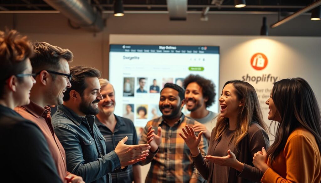 A vibrant and engaging scene showcasing satisfied customers sharing their positive experiences. In the foreground, a group of diverse individuals excitedly discussing a product or service, their body language exuding enthusiasm and contentment. The middle ground features a well-designed, modern Shopify store interface, highlighting the seamless user experience. In the background, a warm, softly-lit environment with subtle branding elements, creating a sense of trust and professionalism. Crisp, high-resolution imagery with a natural, photographic style, capturing the essence of building customer trust and loyalty.