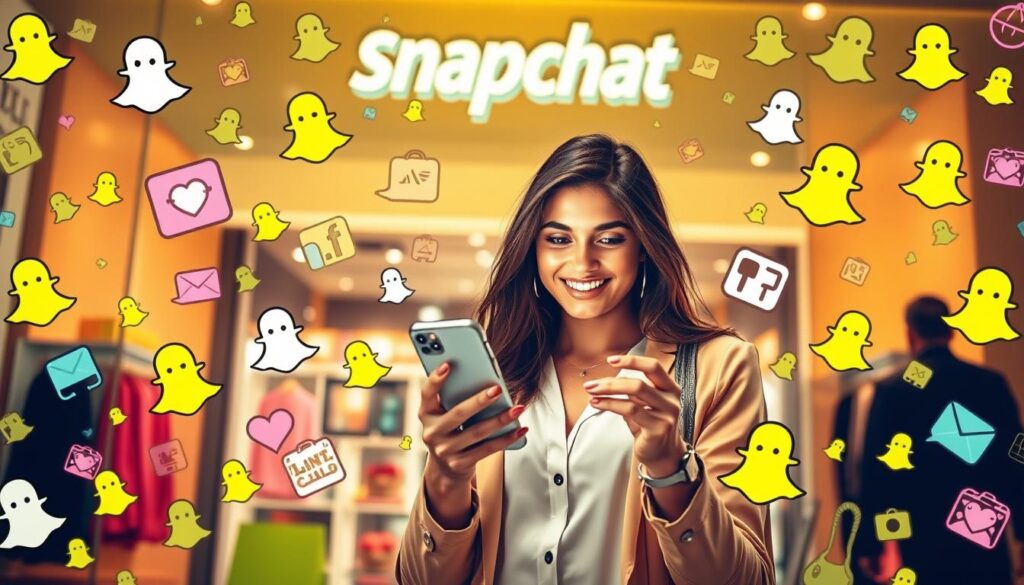 A vibrant and engaging scene showcasing the power of Snapchat marketing in Saudi Arabia. The frame is filled with a visually striking collage of elements - a stylish young woman in the foreground confidently using her Snapchat app, surrounded by a lively array of Snapchat icons, filters, and interactive elements. The background features a sleek, modern Shopify storefront, reflecting the seamless integration of e-commerce and social media marketing. The lighting is warm and inviting, creating a sense of energy and dynamism. The overall composition emphasizes the fluid, intuitive nature of Snapchat as a platform for reaching Saudi consumers and driving business growth.