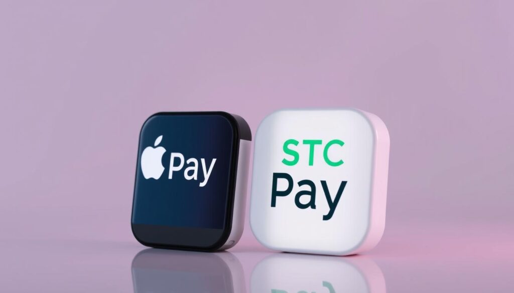 A vibrant and sleek digital payment composition featuring the Apple Pay and STC Pay logos. Set against a clean, minimalist background, the icons are prominently displayed in the foreground, showcasing their modern and sophisticated design. Subtle reflections and shadows add depth and dimension, while soft, directional lighting creates a sense of depth and emphasis on the key elements. The overall mood is one of efficiency, convenience, and advanced technology, reflecting the benefits of using these mobile payment solutions for daily transactions.