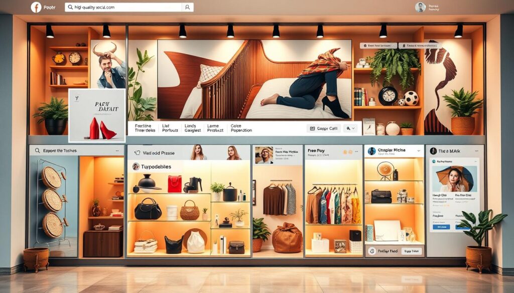 A vibrant and visually appealing Facebook store showcasing a wide range of high-quality products. The storefront features a clean, modern layout with a mix of product images, lifestyle shots, and eye-catching graphics. The overall aesthetic is refined and professional, reflecting the brand's identity. Warm lighting creates a welcoming atmosphere, while strategic use of color and typography enhances the visual appeal. The store's navigation is intuitive, guiding customers effortlessly through the shopping experience. A balance of product displays, promotional content, and social proof elements collectively engage and inspire potential buyers. The entire scene exudes a sense of curated elegance, inviting visitors to explore and discover the store's offerings.