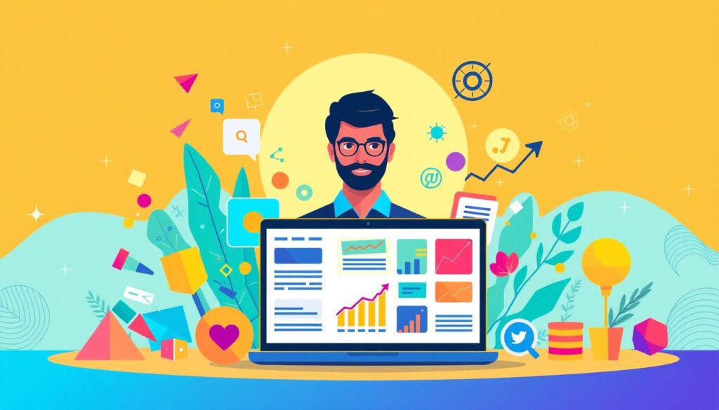 A vibrant and visually compelling illustration showcasing the concept of content marketing strategy. Set against a warm, golden-hued backdrop, the composition features a central figure, perhaps a digital marketer or business owner, surrounded by various visual elements that symbolize the key aspects of effective content strategy. In the foreground, colorful geometric shapes, icons, and graphs represent the data-driven approach, while in the middle ground, a laptop or tablet displays engaging content pieces like blog posts, infographics, and social media posts. The background is adorned with subtle patterns and textures that evoke a sense of professionalism and expertise. The overall scene conveys a mood of creativity, strategy, and the power of content to build trust and connect with the Gulf region's customers.
