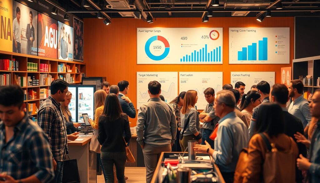 A vibrant, bustling scene depicting the benefits of customer segmentation for businesses. In the foreground, a diverse group of customers are engaged in various activities - some browsing products, others conversing with sales representatives, all distinctly categorized by age, interests, and purchasing patterns. The middle ground showcases targeted marketing campaigns and tailored offers resonating with each customer segment. In the background, a data visualization dashboard tracks key performance metrics, demonstrating the increased interactivity and conversions resulting from effective customer segmentation. Warm lighting casts a professional, inviting atmosphere, conveying the value of segmentation strategies to optimize customer engagement and drive business success.