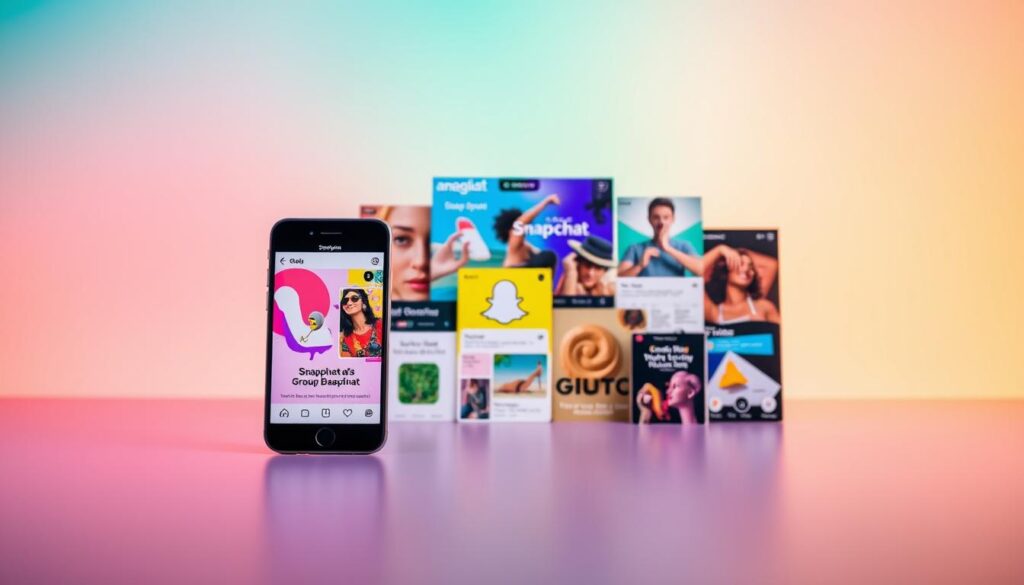 A vibrant, colorful display of Snapchat ad formats, showcasing various styles and placements tailored for Shopify merchants. The scene features a sleek smartphone in the foreground, its screen displaying a dynamic Snapchat ad campaign with captivating visuals and subtle branding. In the middle ground, a collection of Snapchat ad templates and design elements are artfully arranged, highlighting the versatility of the platform's advertising solutions. The background is a soft, blurred gradient, creating a sense of depth and focus on the central Snapchat ad imagery. The overall composition radiates a modern, visually engaging aesthetic that effectively conveys the suitability of Snapchat ads for Shopify stores.