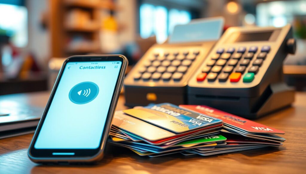 A vibrant composition showcasing a variety of digital and traditional payment methods. In the foreground, a sleek mobile device displays a contactless payment interface, while in the middle ground, colorful credit and debit cards are arranged neatly. In the background, a vintage cash register and a modern point-of-sale terminal symbolize the coexistence of conventional and alternative payment options. The lighting is warm and inviting, creating a sense of financial accessibility and convenience. The angle is slightly elevated, providing an overview of the diverse payment landscape. The mood is one of financial modernity and inclusivity.