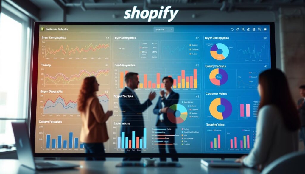 A vibrant data visualization dashboard showcasing detailed customer behavior reports. The foreground features a set of interactive charts and graphs, including line charts tracking customer conversion rates, bar graphs analyzing buyer demographics, and pie charts displaying customer lifetime value segmentation. The middle ground depicts a team of analysts intently studying the data, gesturing towards the insights uncovered. The background subtly blends Shopify's signature colors, creating a polished and professional atmosphere. Soft, directional lighting accentuates the dashboard's sleek, modern design, while a shallow depth of field draws the viewer's focus towards the data-driven decision-making process.