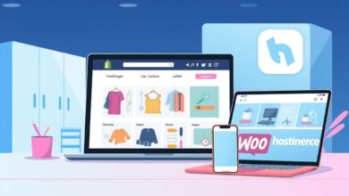 A vibrant digital illustration showcasing a Shopify and WooCommerce online store hosted on the Hostinger platform. The scene depicts a clean, modern e-commerce interface with various products displayed prominently. In the foreground, a laptop and smartphone are visible, showcasing the responsive design of the store. The middle ground features a selection of apparel, electronics, and home goods, all beautifully presented. In the background, a sleek, minimalist web hosting environment with the Hostinger logo subtly visible. The overall composition conveys a sense of professionalism, reliability, and seamless integration between the e-commerce platforms and the Hostinger hosting service.