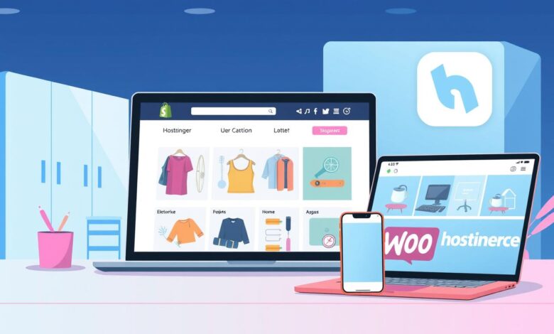 A vibrant digital illustration showcasing a Shopify and WooCommerce online store hosted on the Hostinger platform. The scene depicts a clean, modern e-commerce interface with various products displayed prominently. In the foreground, a laptop and smartphone are visible, showcasing the responsive design of the store. The middle ground features a selection of apparel, electronics, and home goods, all beautifully presented. In the background, a sleek, minimalist web hosting environment with the Hostinger logo subtly visible. The overall composition conveys a sense of professionalism, reliability, and seamless integration between the e-commerce platforms and the Hostinger hosting service.