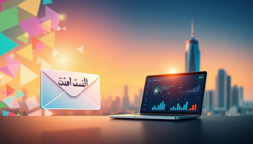 A vibrant digital illustration showcasing effective email marketing strategies in the Arabic language. In the foreground, a stylized email envelope with Arabic calligraphy floats against a blurred background of colorful geometric shapes and patterns, conveying a sense of digital modernity. The middle ground features a laptop displaying an email marketing dashboard, with charts and analytics data represented as holographic elements. In the background, a cityscape with towering skyscrapers and a glowing sunset sky sets the scene, hinting at the global reach and scale of email marketing. The overall composition is dynamic, with a balanced use of negative space to emphasize the key elements. Warm lighting and a sophisticated color palette of blues, golds, and grays create a professional, tech-savvy atmosphere.