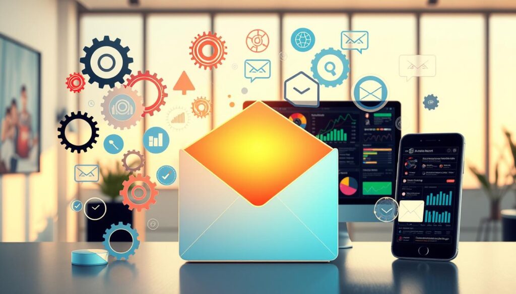 A vibrant digital illustration showcasing the automation of email marketing. In the foreground, a stylized email envelope symbolizes the core focus, surrounded by a flurry of gears, cogs, and data visualizations that represent the intricate processes involved. In the middle ground, a desktop computer and mobile device display various email marketing analytics and campaign management tools, hinting at the technological advancements powering the automation. The background features a sleek, minimalist office setting with large windows letting in warm, natural lighting, creating a sense of productivity and efficiency. The overall composition conveys the power of automated email marketing to streamline and optimize marketing efforts, helping to increase sales and engagement.