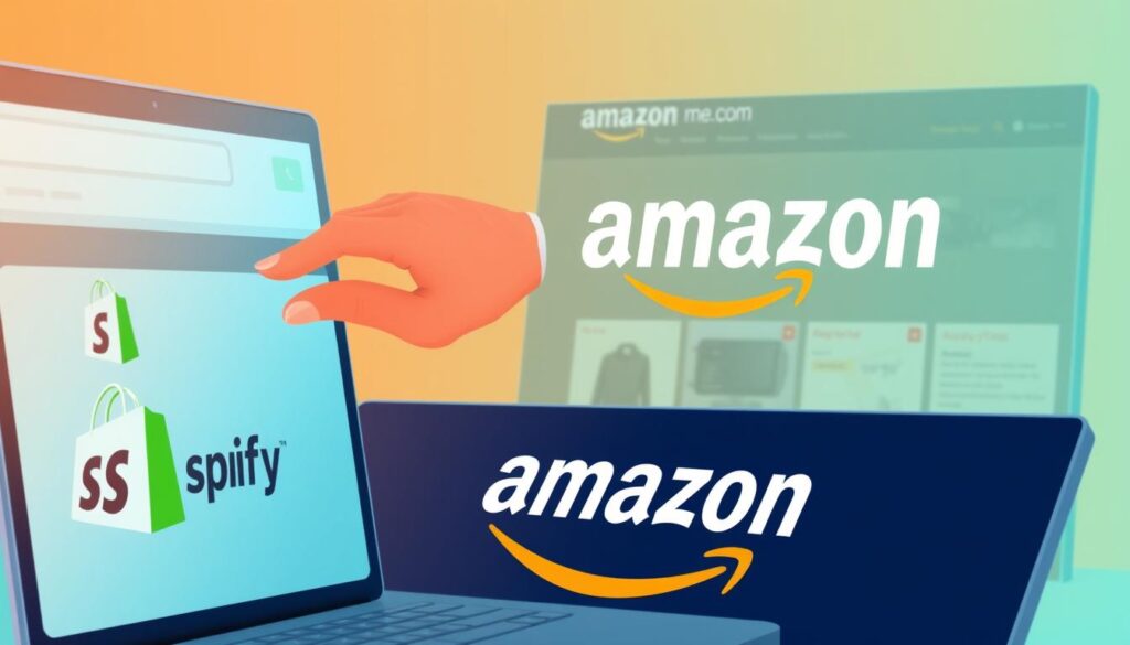 A vibrant digital illustration showcasing the seamless integration of Shopify and Amazon. The foreground features a sleek, modern e-commerce interface, with the Shopify logo prominently displayed. In the middle ground, a hand skillfully navigates through the platform, seamlessly adding Amazon as a new sales channel. The background depicts the Amazon marketplace, with its iconic smile logo and product listings, symbolizing the expansion of the Shopify merchant's reach. The scene is bathed in a warm, inviting color palette, conveying the ease and efficiency of the integration process. Soft, diffused lighting creates a sense of depth and dimension, while the overall composition is balanced and visually appealing.