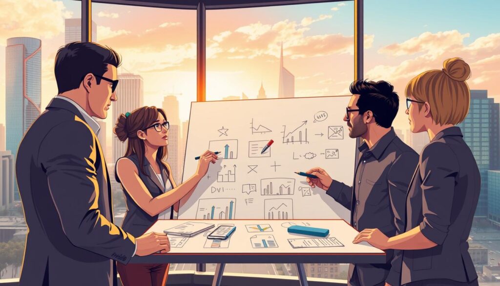 A vibrant, dynamic illustration of a team of salespeople strategizing and collaborating to improve their sales tactics. The foreground features a group of determined professionals gathered around a large whiteboard, sketching ideas and exchanging insights. The middle ground showcases a sleek, modern office setting with large windows, allowing natural light to flood the scene. In the background, a cityscape of towering skyscrapers and bustling streets creates a sense of a thriving business environment. Warm, focused lighting emphasizes the collaborative nature of the scene, while the overall composition conveys a sense of energy, innovation, and a strategic approach to enhancing sales strategies.