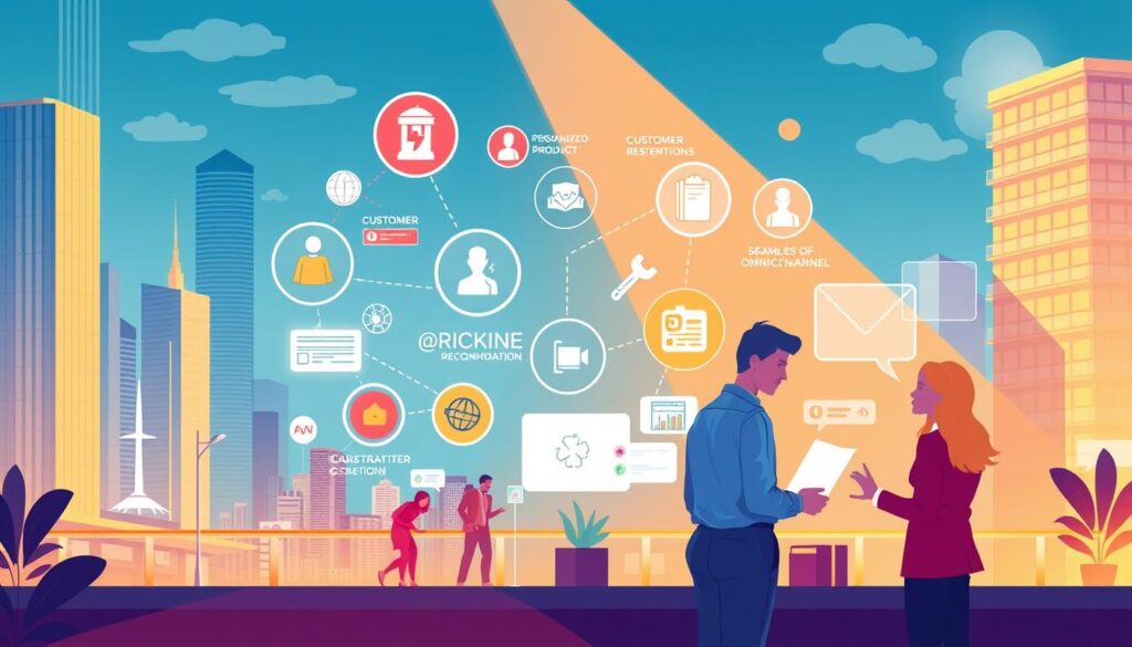 A vibrant, dynamic illustration showcasing the key strategies for customer retention. In the foreground, a team of business professionals collaborating, discussing ideas and planning customer engagement initiatives. The middle ground features various customer-centric elements, such as personalized product recommendations, loyalty programs, and seamless omnichannel experiences. In the background, a stylized cityscape with modern architecture and a bustling urban environment, symbolizing the competitive marketplace. The lighting is warm and inviting, evoking a sense of professionalism and innovation. The overall composition conveys a harmonious balance between customer needs, business objectives, and cutting-edge marketing techniques.