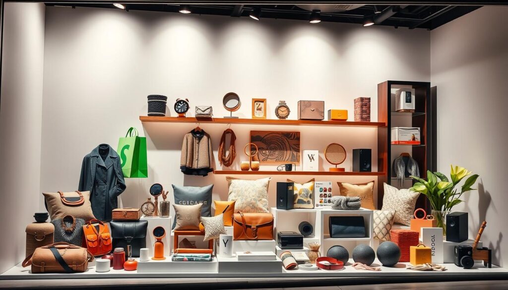 A vibrant e-commerce display featuring a selection of diverse products from a Shopify store. A sleek, minimalist storefront backdrop showcases a carefully curated collection of items, including fashion accessories, home decor, and tech gadgets. Soft, diffused lighting illuminates the products, highlighting their textures and colors. The arrangement is visually striking, with products strategically positioned to create a sense of balance and visual interest. The overall mood is modern, sophisticated, and inviting, drawing the viewer's attention to the high-quality Shopify merchandise on display.