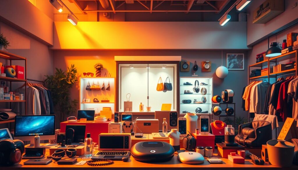 A vibrant e-commerce scene with a central display of thoughtfully curated products, reflecting the ideal merchandise selection for a successful online store. The scene is illuminated by warm, natural lighting that casts a cozy ambiance, inviting the viewer to explore the carefully arranged items. In the foreground, a variety of products are showcased, ranging from electronics to fashion accessories, each item strategically positioned to capture the attention of potential customers. The middle ground features a minimalist, yet elegant, virtual storefront, hinting at the seamless user experience that awaits the online shopper. The background subtly suggests a thriving digital landscape, with hints of technology and innovation. The overall composition conveys a sense of curation, relevance, and a deep understanding of the target market's needs and preferences.