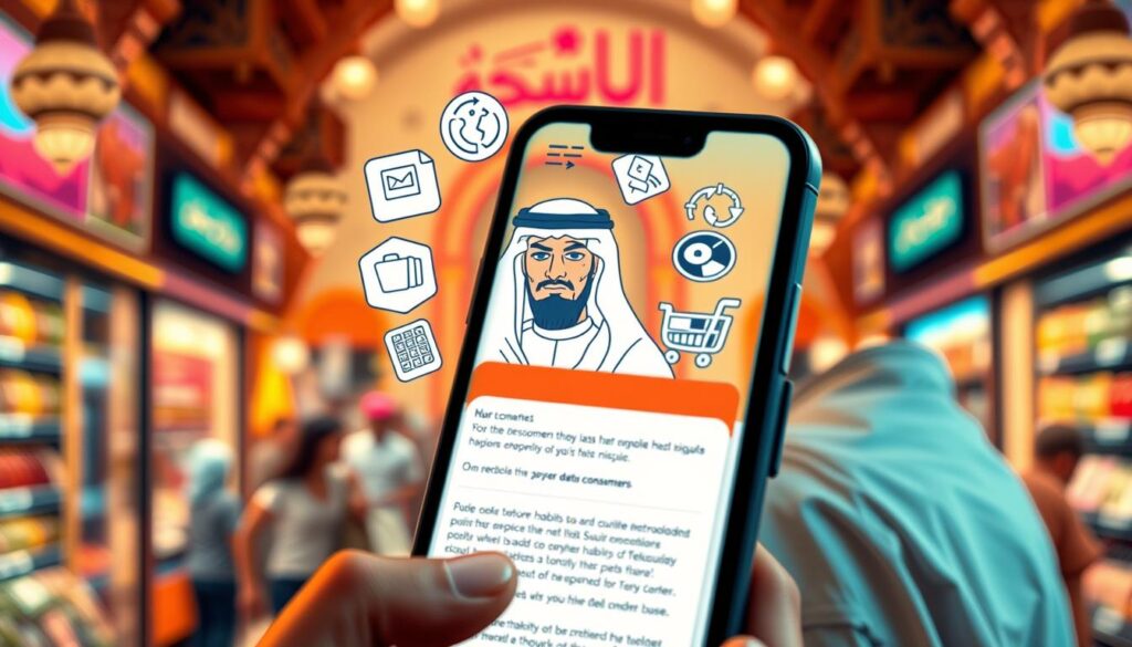 A vibrant email marketing campaign featuring personalized content tailored to the unique shopping habits of Saudi consumers. In the foreground, a smartphone screen displays a customized email with product recommendations based on the user's browsing history and preferences. In the middle ground, a stylized illustration of a Saudi man contemplating his purchase decision, surrounded by icons representing data analysis and customer segmentation. The background depicts a bustling Saudi marketplace, with Arabic script and architectural elements evoking the local culture. Warm lighting, muted tones, and a sense of thoughtful consideration create an atmosphere of engaged, data-driven marketing.