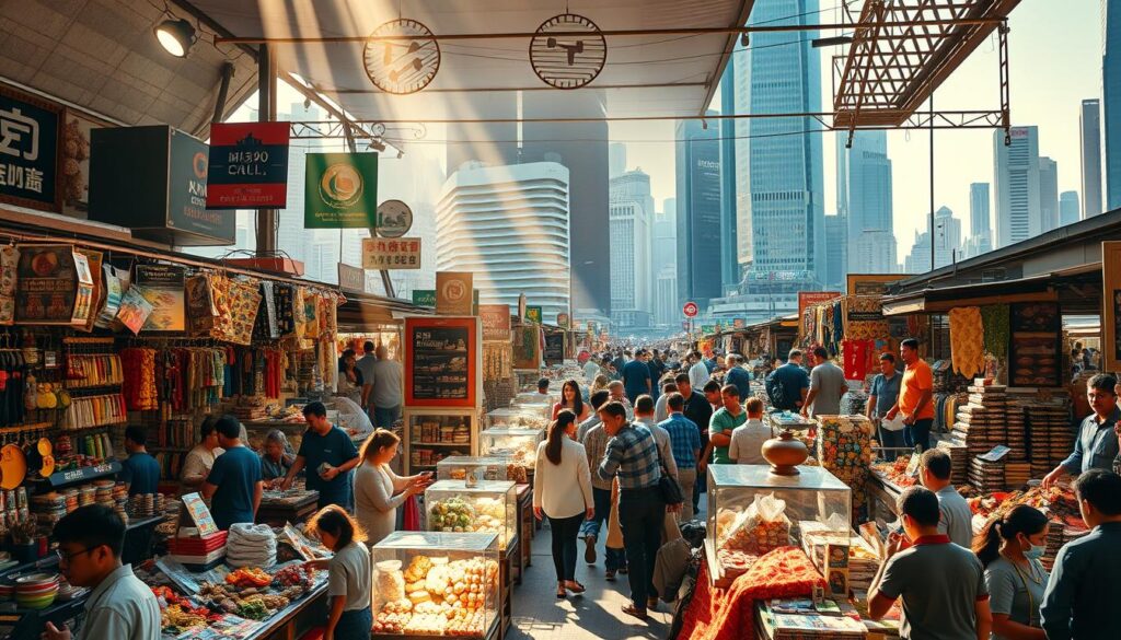 A vibrant global marketplace filled with a diverse array of products, bustling with energy and activity. Warm sunlight streams in, illuminating the intricate displays and stalls offering a wide range of goods. Shoppers browse intently, examining the wares and negotiating prices. In the background, a cityscape of towering skyscrapers and bustling streets sets the scene. The atmosphere is one of international trade, with a sense of excitement and potential for discovery. Capture the essence of this global commercial hub, showcasing the scale, variety, and dynamism of this commercial landscape.