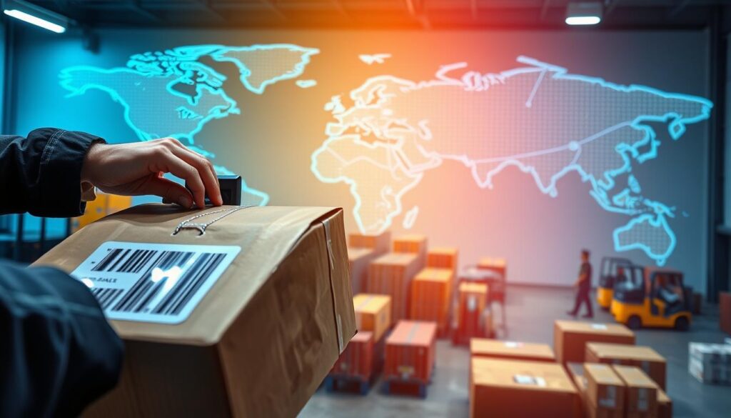 A vibrant, high-resolution image of a global shipping and logistics scene. In the foreground, a package is being scanned by a delivery person, the barcode reflecting the light. In the middle ground, a bustling international shipping hub with cargo containers, forklifts, and warehouse workers. In the background, a world map projected onto a wall, highlighting shipping routes and trade flows between continents. The lighting is crisp and bright, conveying a sense of efficiency and interconnectedness. The overall composition emphasizes the tracking and transparency of global commerce, reflecting the theme of optimizing international shipping experiences.
