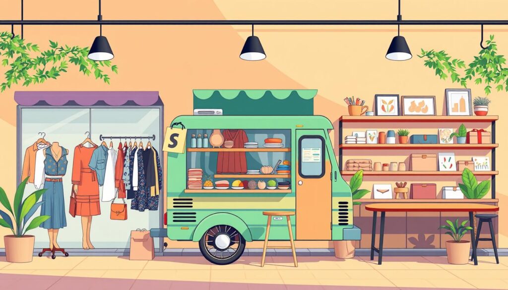 A vibrant illustration showcasing three distinct niches in Shopify: a trendy fashion retailer, a gourmet food truck, and a boutique home decor store. Capture the essence of each niche with meticulously crafted details - stylish clothing displays, an array of delectable dishes, and tastefully arranged home goods. Bathed in warm, natural lighting that casts gentle shadows, the scene conveys a sense of inviting ambiance. The composition should balance the three niches harmoniously, allowing the viewer to envision the potential of carving out a profitable niche in the Shopify ecosystem. Employ a clean, contemporary aesthetic that reflects the modern, dynamic nature of the online retail landscape.