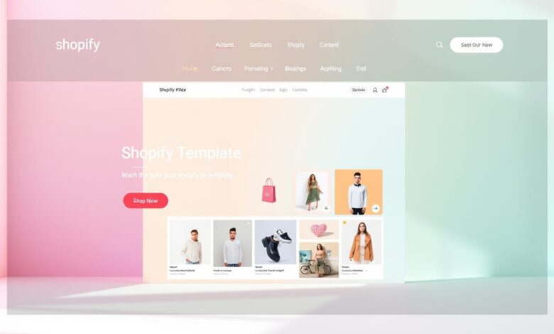 A vibrant, minimalist website layout showcasing a customizable Shopify template. The foreground features a clean, modern design with sleek typography and subtle animations. The middle ground showcases a series of product images, each with a distinctive style and theme. The background layers a soft, gradient-based pattern that adds depth and visual interest. The lighting is soft and diffused, creating a warm, inviting atmosphere. The overall composition conveys a sense of elegant simplicity, highlighting the versatility and design flexibility of the Shopify template.