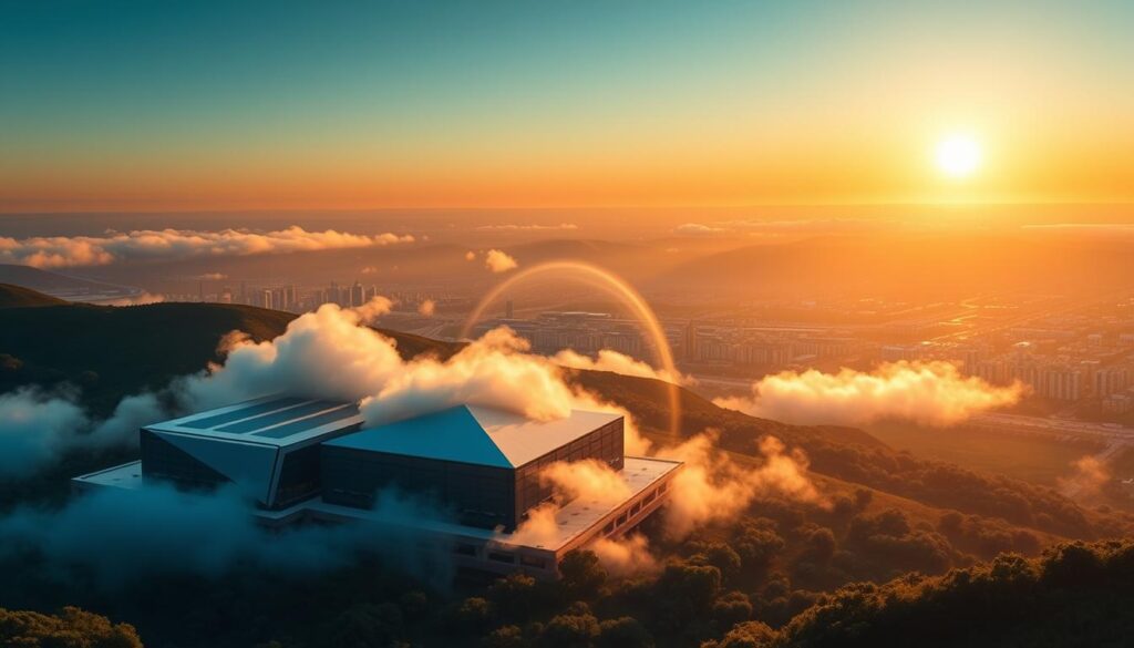 A vibrant, photorealistic image of the Google Cloud platform showcasing its key features and capabilities. The foreground depicts a cluster of sleek, futuristic data centers nestled in a serene landscape, their angular silhouettes casting long shadows under the warm glow of a setting sun. In the middle ground, wispy clouds of data visualization swirl around the structures, representing the seamless integration of cloud computing services. The background features a panoramic view of a bustling metropolis, symbolizing the global reach and scalability of the Google Cloud infrastructure. The scene is captured with a wide-angle lens, emphasizing the grand scale and impressive scale of the cloud computing ecosystem. The overall mood is one of technological innovation, efficiency, and power.