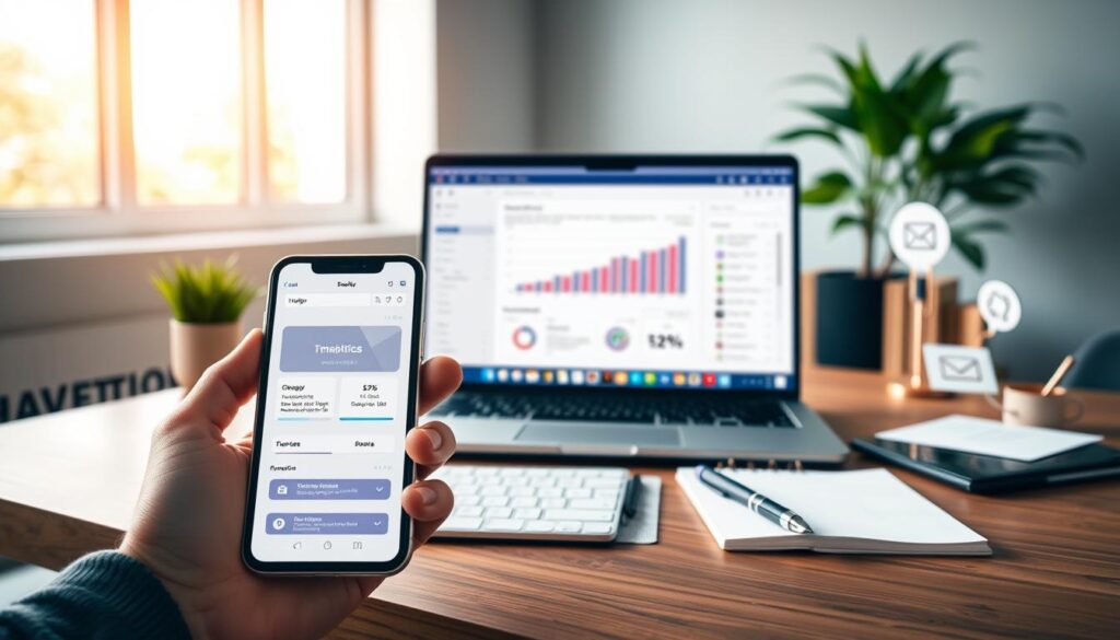 A vibrant, professional illustration of an "email marketing strategy" for Shopify stores. Set in a modern, minimalist office environment, the image depicts a laptop screen displaying an email campaign dashboard, surrounded by essential elements of an effective email marketing strategy. In the foreground, a hand holds a smartphone, showcasing email metrics and insights. The middle ground features an organized workspace with a notebook, pen, and strategically placed icons representing key email marketing components such as segmentation, personalization, and automation. The background is softly blurred, creating a sense of focus on the core email marketing tools and strategies. Warm, natural lighting illuminates the scene, conveying a professional, productive atmosphere.