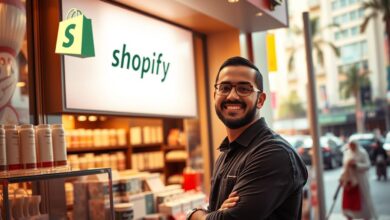 A vibrant scene depicting a personal experience with Shopify Saudi Arabia. The image showcases a modern storefront adorned with the Shopify logo, its sleek and minimalist design drawing the eye. In the foreground, a smiling shopkeeper stands amidst an array of neatly displayed products, engaging with a customer. Warm, natural lighting bathes the scene, creating a sense of inviting warmth and professionalism. The background features a bustling city street, hinting at the integration of the business into the local community. The overall composition conveys a positive, welcoming atmosphere, reflecting the successful integration of the Shopify platform into the Saudi Arabian market.