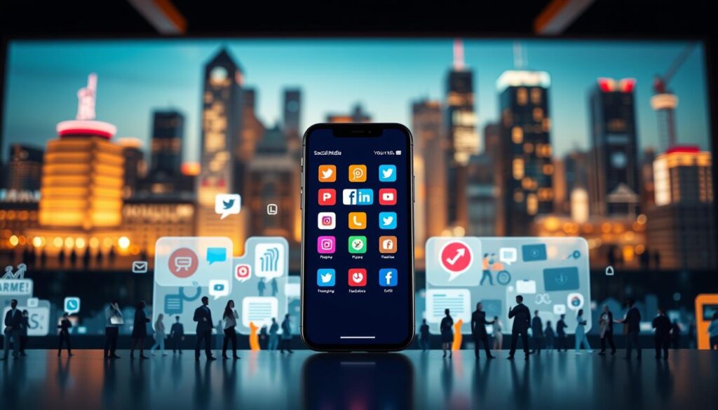 A vibrant social media marketing scene, with a central focus on a sleek, modern smartphone display showcasing various social media app icons. In the foreground, stylized graphics and infographics illustrate the power of social media for e-commerce, with a sophisticated color palette and clean, minimalist design. The middle ground features a diverse array of people engaged in social media interactions, capturing the dynamic nature of online marketing. The background showcases a bustling city skyline, hinting at the global reach and impact of social media in the business world. Soft, warm lighting and a sense of energy and connectivity permeate the scene, reflecting the transformative potential of social media marketing.