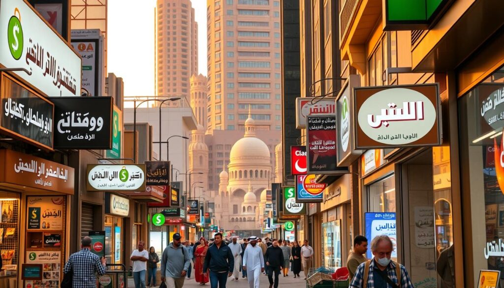 A vibrant street scene in the heart of Saudi Arabia, showcasing the diverse array of e-commerce and fintech alternatives to Shopify. In the foreground, bustling storefronts and signage in Arabic script, reflecting the local culture and entrepreneurial spirit. The middle ground features people going about their daily lives, interacting with these innovative platforms. In the background, a mix of traditional and modern architecture, creating a unique blend of the old and the new. Warm lighting casts a golden glow, capturing the energy and dynamism of this thriving digital ecosystem. The overall composition conveys a sense of progress, innovation, and the empowerment of Saudi businesses in the e-commerce landscape.