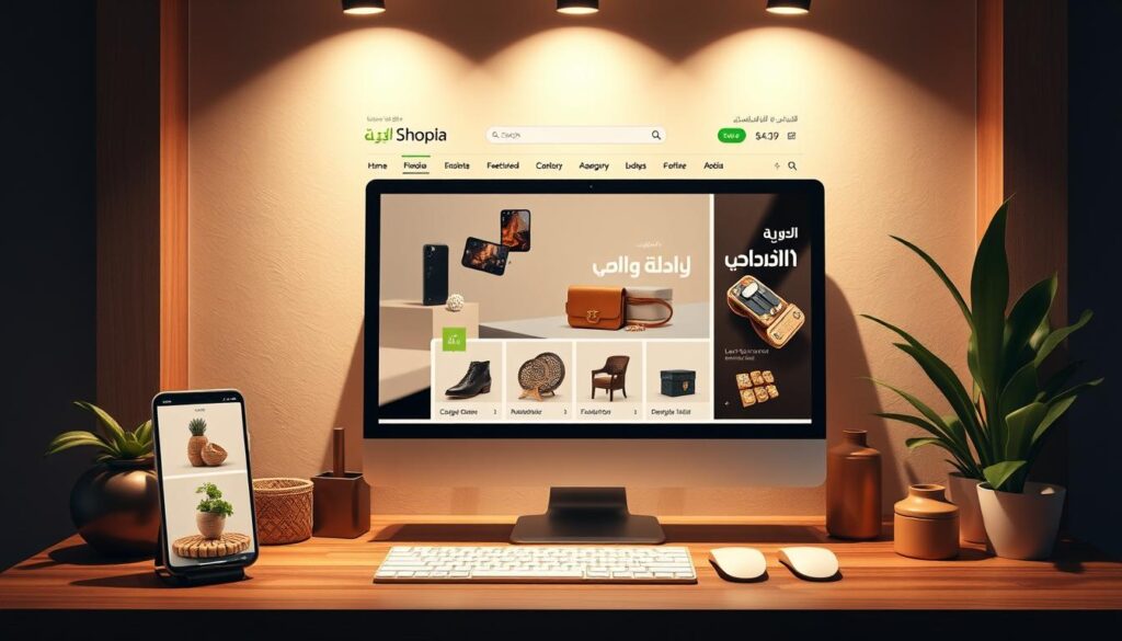 A vibrant, visually appealing Shopify template designed for the Arabic language, featuring a clean, modern layout with intuitive navigation. The template showcases a prominent hero section highlighting the store's featured products, complemented by neatly organized category sections and a responsive, mobile-friendly design. The overall aesthetic is warm and inviting, with subtle Middle Eastern-inspired design elements that seamlessly blend with a sleek, contemporary style. Soft lighting illuminates the scene, creating depth and emphasizing the template's user-friendly interface. The scene conveys a sense of professionalism and reliability, reflecting the store's commitment to providing a seamless shopping experience for its Arabic-speaking customers.