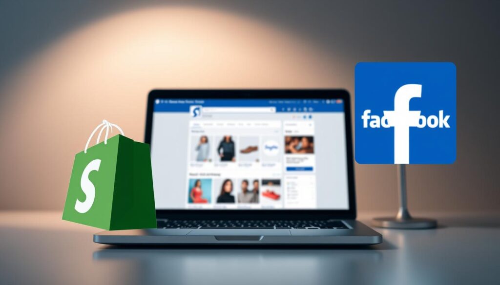 A visually engaging image showcasing the integration of a Shopify store with a Facebook business page. Set in a modern, minimalist design, the foreground features the Shopify and Facebook logos seamlessly combined, conveying the synergy between the two platforms. The middle ground depicts a laptop screen displaying the store's interface, with product images and a clean, user-friendly layout. The background subtly suggests the Saudi Arabian market, with muted tones and a sense of professional, e-commerce-focused atmosphere. The overall composition should evoke a sleek, efficient, and technology-driven integration of social media and online retail, suitable for illustrating the article's subject and section.