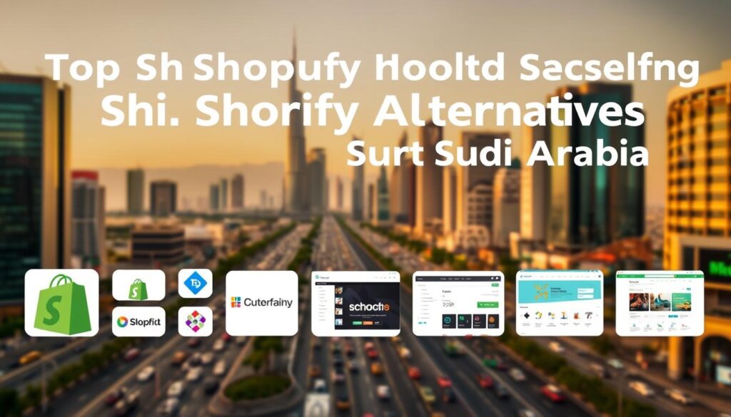 A visually striking and informative comparison of the top Shopify alternatives in Saudi Arabia. In the foreground, a collage of e-commerce platform icons and logos, neatly arranged to showcase the diversity of options. In the middle ground, sleek product mockups and interface designs for each platform, highlighting their unique features and capabilities. The background depicts the vibrant Saudi Arabian cityscape, with towering skyscrapers and bustling streets, conveying the dynamic business landscape. The lighting is warm and inviting, creating a sense of professionalism and sophistication. The composition is balanced and visually appealing, drawing the viewer's attention to the key details of the comparison.