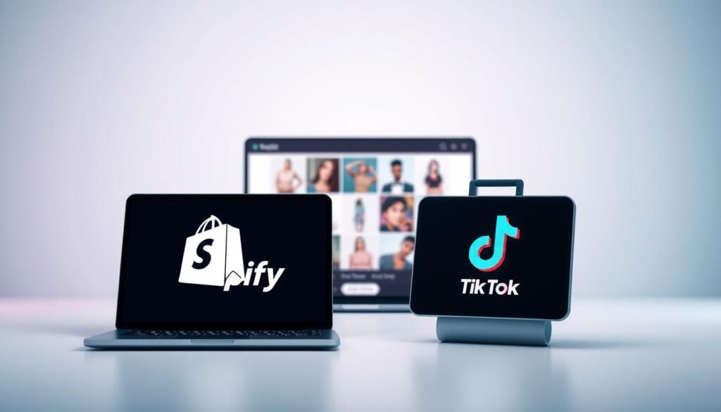 A visually striking digital illustration showcasing the seamless integration of Shopify and TikTok Shop. The image features a clean, minimalist design, with a prominent focus on the respective platform logos and icons. The foreground showcases a sleek, modern laptop or tablet display, with the Shopify and TikTok Shop logos prominently displayed, conveying the idea of a unified, streamlined e-commerce experience. The middle ground features a stylized product carousel or collection, highlighting the diverse range of products that can be showcased on both platforms. The background is a softly blurred, abstract gradient, lending a sense of depth and professionalism to the overall composition. The lighting is soft and directional, creating subtle highlights and shadows to enhance the visual appeal. The overall mood is one of technological sophistication, efficiency, and a seamless omnichannel approach to e-commerce.
