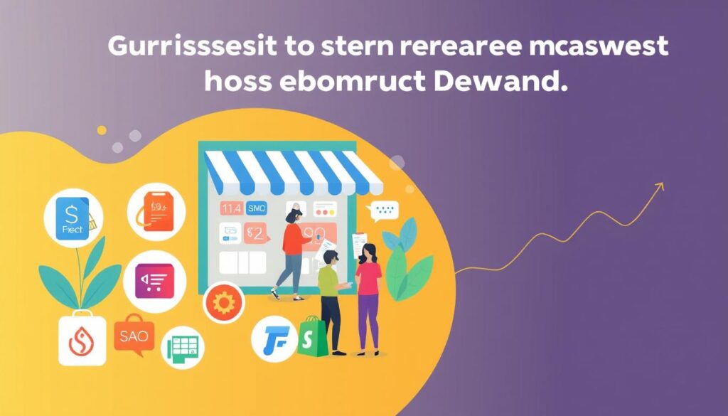 A visually striking illustration depicting various strategies for increasing product demand in a Shopify store. The image should feature a vibrant, modern color palette, with clean, minimalist design elements. The foreground should showcase a collection of icons or infographic-style illustrations representing different demand-boosting tactics, such as dynamic pricing, bundling, upselling, and cross-selling. The middle ground could depict a stylized Shopify storefront or online marketplace, with customers interacting with the products. The background should convey a sense of growth, progression, and profitability, perhaps with a subtle line graph or chart visualizing increased sales. The overall mood should be one of efficiency, optimization, and empowerment for Shopify store owners.