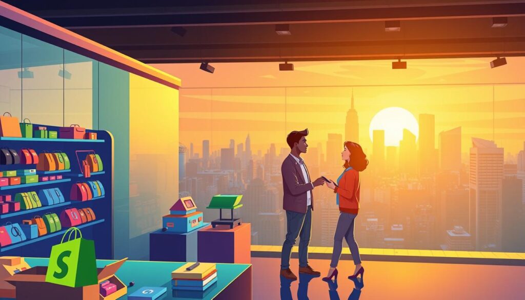 A visually striking illustration of strategic Shopify store relaunch, showcasing a vibrant, modern e-commerce landscape. In the foreground, a stylized Shopify logo stands proud, surrounded by a dynamic array of colorful product displays, each meticulously curated. The middle ground features a team of digital-savvy entrepreneurs strategizing, their expressions focused as they chart the course for a successful relaunch. In the background, a panoramic view of a bustling city skyline, complete with towering skyscrapers and a warm, golden sunset glow, symbolizing the potential for growth and expansion. Subtle lighting accentuates the scene, creating a sense of energy and optimism, capturing the essence of a thriving Shopify store relaunch.