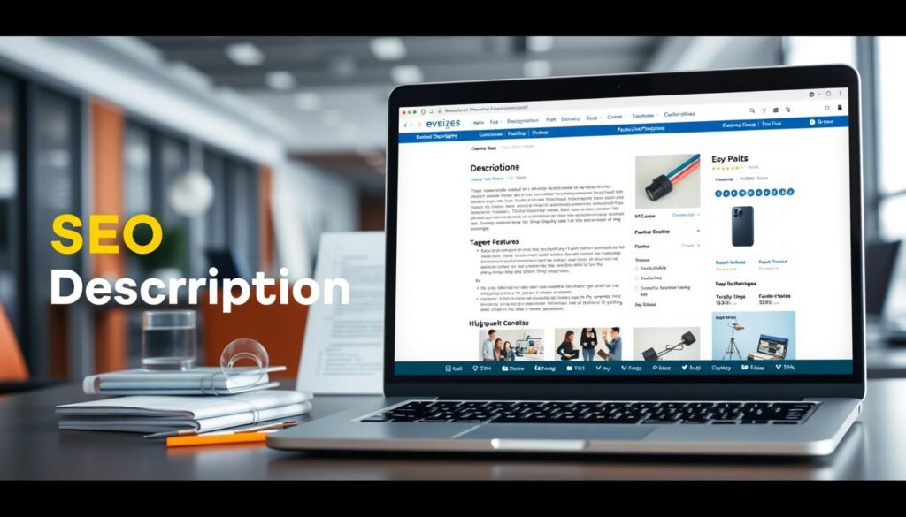 A visually striking image depicting the key elements of an effective, SEO-optimized product description. In the foreground, a laptop screen showcases a well-structured, informative product page, with clear and concise descriptions, bullet points highlighting key features, and high-quality product images. The middle ground features research notes, checklists, and SEO optimization tools, representing the behind-the-scenes work required to craft an impactful description. The background blurs into a sleek, modern office setting, conveying a professional, technology-driven atmosphere. Vibrant colors, clean lines, and a balanced composition create a visually appealing and informative scene. The lighting is soft and diffused, lending a sense of clarity and focus to the image.