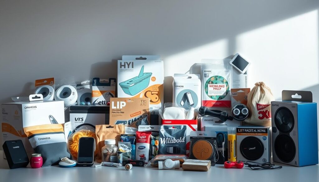 A visually striking still life composition featuring a collection of products commonly associated with dropshipping businesses. The arrangement consists of various generic consumer goods, packaged in uninspired, low-quality presentations. These include electronics, household items, and impulse-buy trinkets. The lighting is flat and harsh, casting unflattering shadows that highlight the cheapness of the merchandise. The overall mood is one of sterility and lack of authenticity, conveying the impression of products that are best avoided in a successful dropshipping venture.