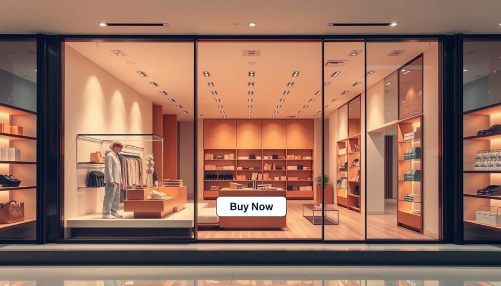 A well-designed and organized e-commerce store with a clean, modern layout. The storefront features a large, inviting display window showcasing the latest products. The interior has a harmonious flow, with intuitive navigation and clear signage guiding customers to different product categories. Warm, diffused lighting creates a cozy atmosphere, complemented by sleek shelving and minimalist fixtures. The checkout area is streamlined, with a prominent "Buy Now" button beckoning shoppers to complete their purchases. Overall, the store exudes a sense of professionalism and attention to user experience, making it an appealing destination for online shoppers.