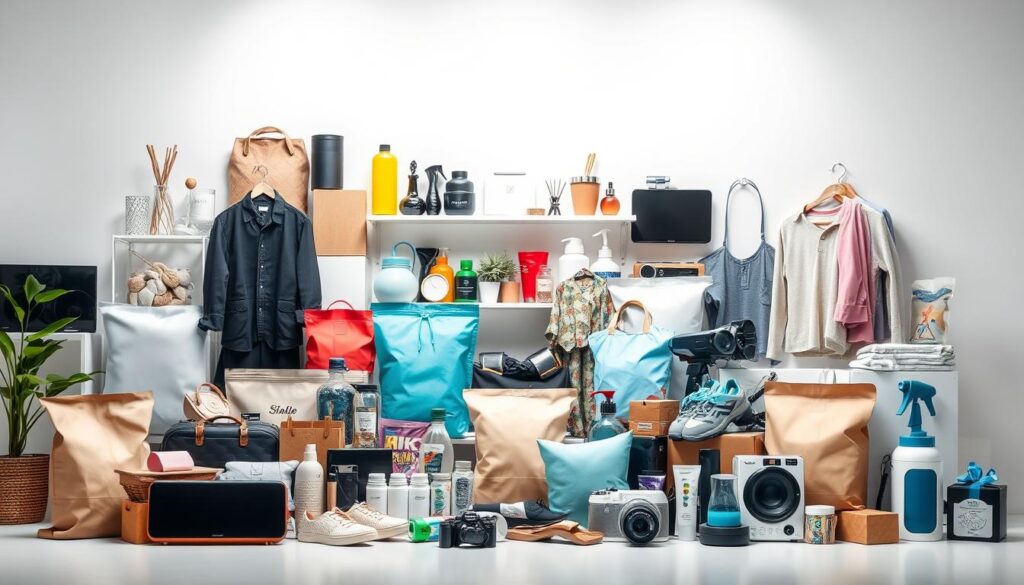 A well-lit, high-quality studio photograph of an assortment of diverse consumer products arranged in a visually appealing and harmonious composition. The products should include a range of everyday household items, electronics, apparel, and other merchandise commonly found in an online store. The items should be carefully positioned to create a sense of depth, with some in the foreground, others in the middle ground, and a few in the background. The lighting should be soft and flattering, accentuating the textures and colors of the products. The overall mood should be professional, modern, and inviting, reflecting the success and quality of the online store.